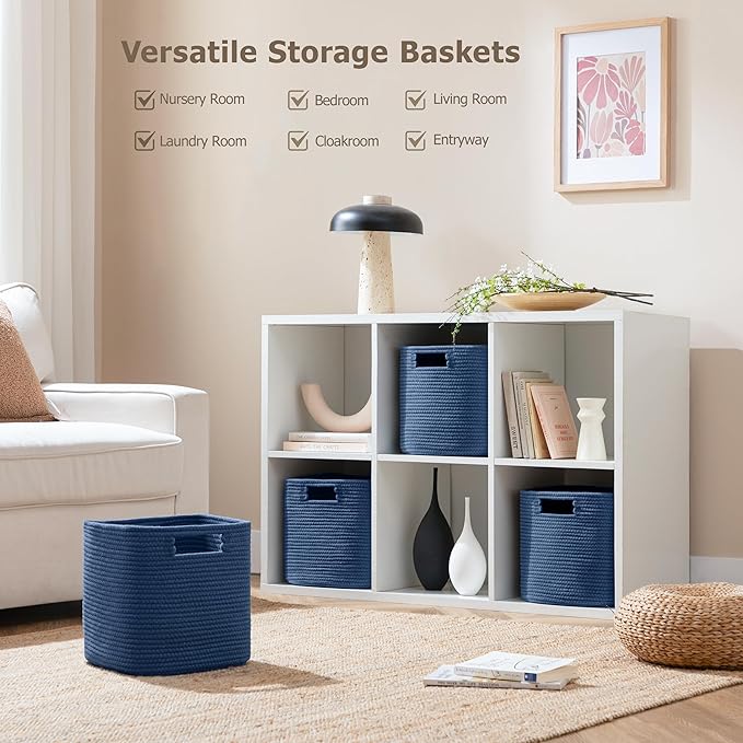 UBBCARE Set of 4 Storage Basket-11 X 10.5 X 10.5 In, Cotton Rope Basket for Shelves, Toys, Book, Cube Storage Bins with Handles, Woven Storage Basket for Organizing, Navy Blue