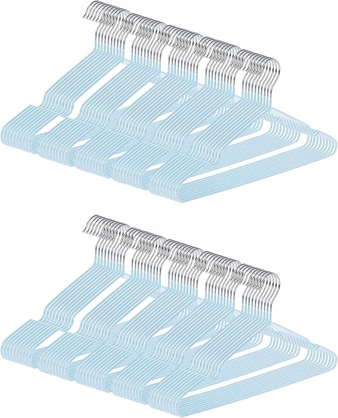 Ultra-Thin Metal Hangers, 100 Pack Non-Slip PVC Coated Space Saving Clothes Hangers for Closet, 16 inch Wide for Suits, Dresses, Jackets（Blue）