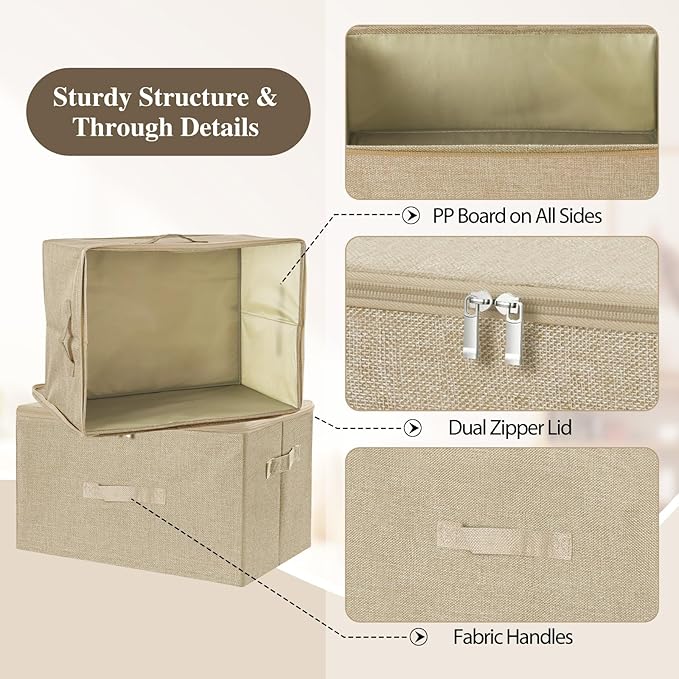 ANMINY 3PCS Storage Bins with Zipper Lids 13 Qt Lidded Fabric Storage Boxes Baskets Cubes with Handles Collapsible Washable Cotton Linen Closet Shelf Clothes Organizer Containers - Beige, Small