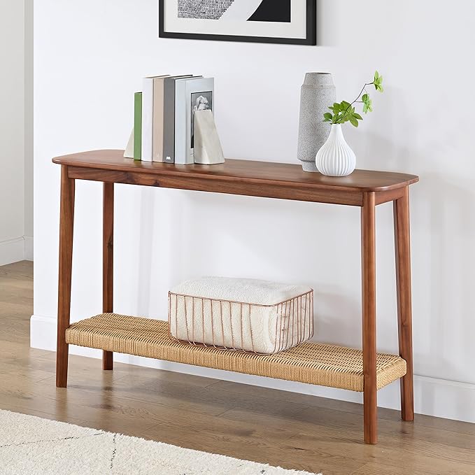 Alaterre Furniture Calais Console Table - 48-Inch Entryway Table with Woven Shelf - Solid Acacia Wood Modern Sofa Table (Warm Chestnut)