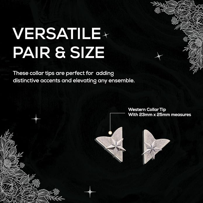 Antique Silver Finish Western Collar Tips | Star Design | Collar Shirt Tips Attaching Screws for Men & Women | Pair of 1
