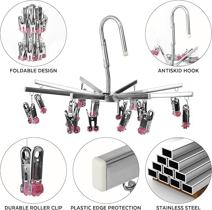Drying Hanger, Hanging Drying Rack, Drip Hanger Stainless Steel with 16 Pegs for Laundry Underwear Socks, Quickly Remove Clothes from Hanger, Windproof, Folding Portable, (Red)