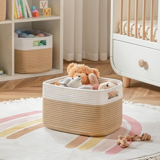 UBBCARE 2 Pack Storage Baskets for Organizing, Shelf Baskets with Handles, Woven Storage Baskets for Bookcase/Cube Shelf/Closet, 14.5"L x 9.8"W x 9"H, White&Brown