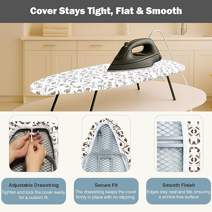 Small Ironing Board Cover and Pad 12"x32" Small Iron Board Cover with Padding,Tabletop Mini Ironing Board Cover and Pad Small Size, Cotton Canvas, Heat Resistant, Drawstring Taupe