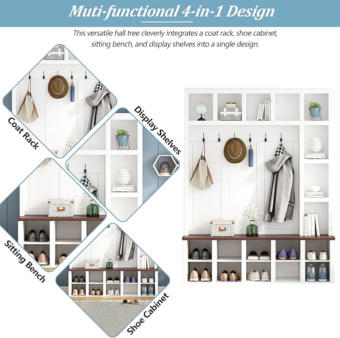 Farmhouse Entryway Bench with Coat Rack, Wooden Hall Tree with 6 Hooks, Walnut Storage Bench with Adjustable Shelves, 4-in-1 Entryway Shoe Cabinet with 13 Cubbies for Mudroom (White/172)