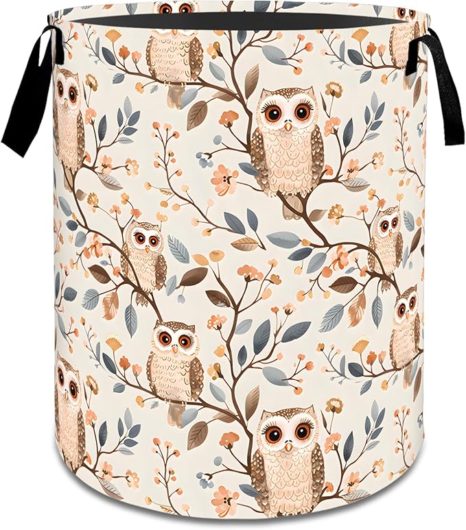 Cute Owl Laundry Basket,Dirty Clothes Hamper,Forest Bird on Branch Storage Bin,Nature Lovers Gifts,Foldable Waterproof Oxford Cloth Baskets for Bathroom,Bedroom,Home Decoration(19.7" x 15.8")