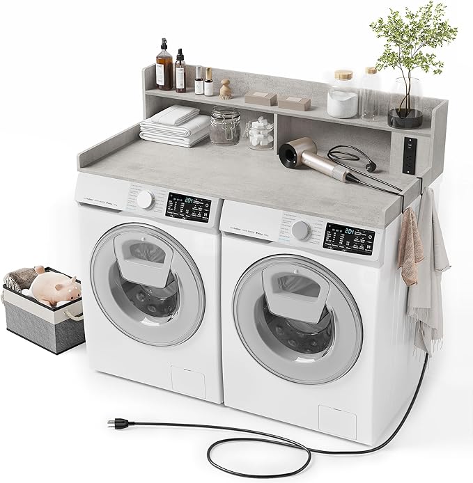 Upgraded 2-Tier Washer and Dryer Countertop with Power Outlet,54" W x 27.6" D Large Laundry Countertop for Fold Clothes, Laundry Topper with Non-Slip Pads & Metal Hooks and Storage Basket