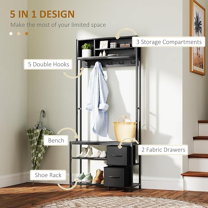 HOMCOM Hall Tree with Bench and Shoe Storage, 5-in-1 Entryway Bench with Coat Rack, 3 Storage Compartments, 5 Coat Hooks, 2 Fabric Drawers, Distressed Black
