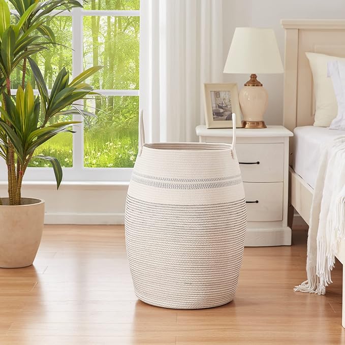 OIAHOMY Laundry Hamper Woven Cotton Rope Large Clothes Hamper 25.6" Height Tall Laundry Basket with Extended Cotton Handles for Storage Clothes Toys in Bedroom, Bathroom, Foldable (Light Grey)