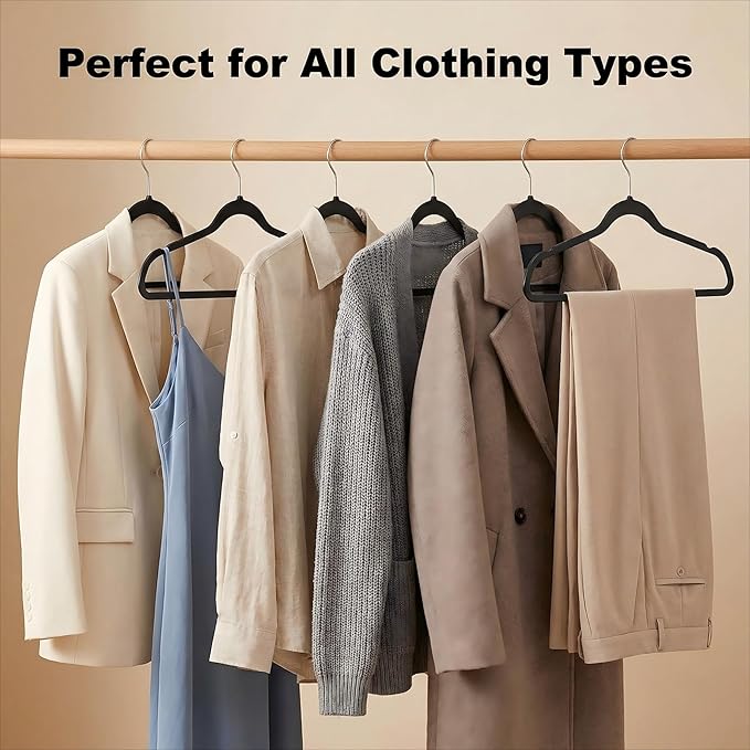 HOUSE DAY Black Plastic Hangers 60 Pack - Heavy Duty Non-Velvet Hangers with 360° Swivel Chrome Hook & Non Slip Notches - Slim Space Saving Clothes Hangers Ideal for Dresses Coats Shirts Jackets