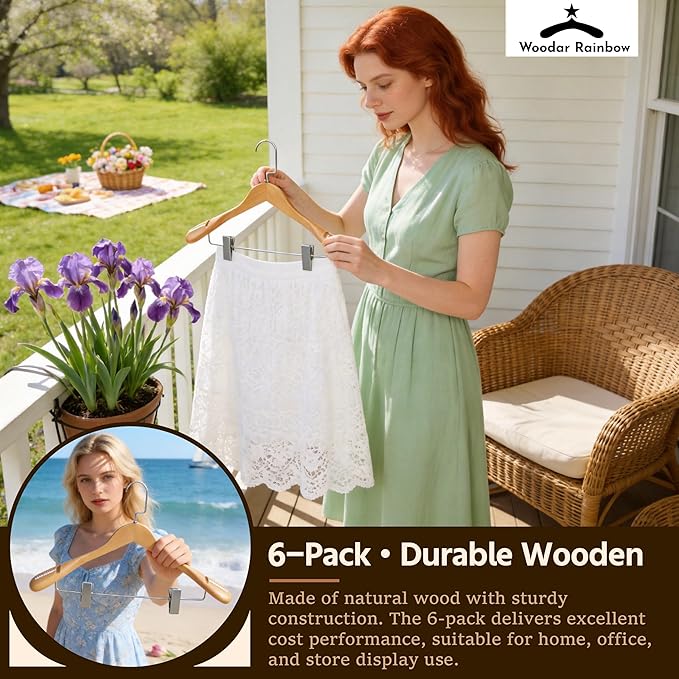Luxury Wide Shoulder Wooden Coat Hangers with Pants Bar, Clips, Solid Wood Jacket Clothes Hangers Smooth Finish for Sweater Suit Dress Pants Sport Coats (Natural, 6 Pack)