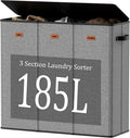 185L Laundry Hamper 3 Section with Lid, Grey Hamper 3 Compartment with 3 Removable Laundry Bags, Large Laundry Basket for Bedroom, Laundry Room, Dorm