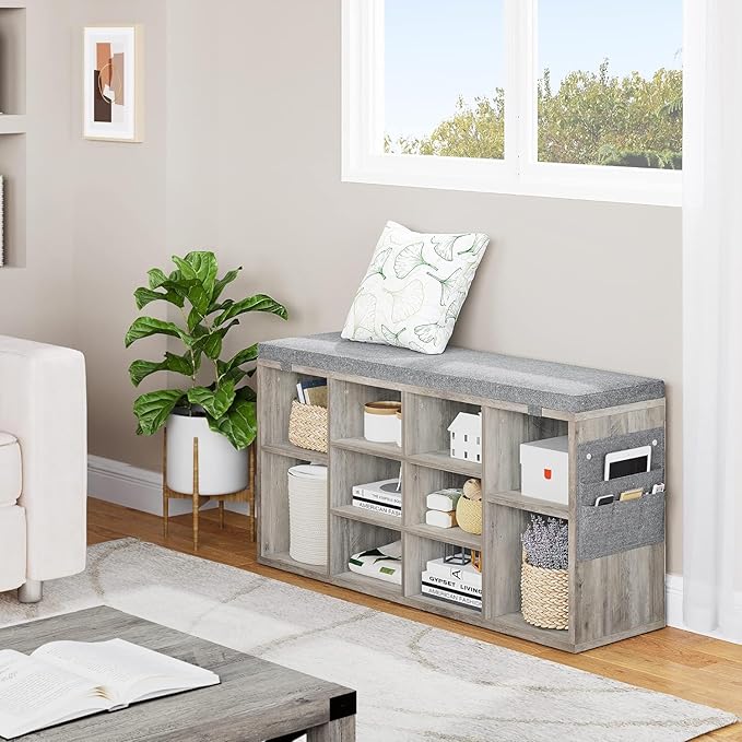 IDEALHOUSE Shoe Storage Bench with Cushion, 10 Cubbies Storage Rack Bench with Padded Seat, 41" Cubby Seat Shoe Cabinet with Adjustable Shelf for Entryway Hallway Living Room, Grey