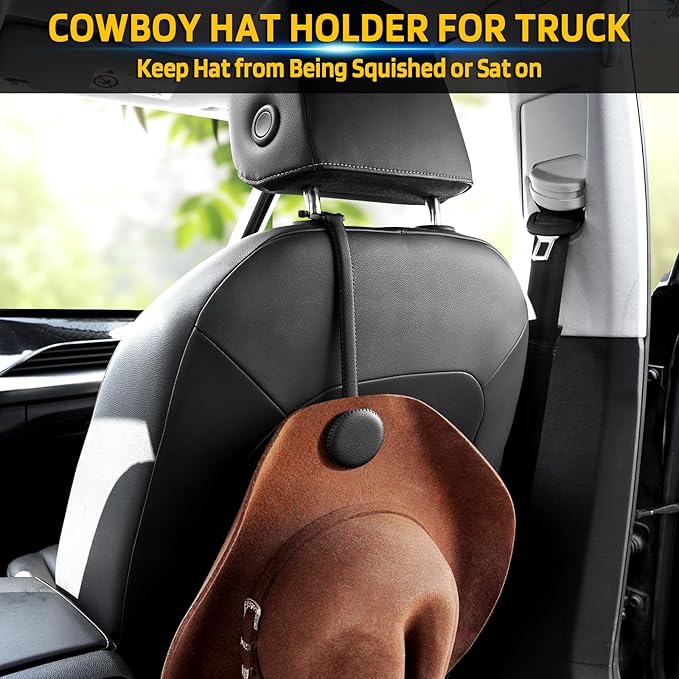 Cowboy Hat Holder for Truck, Magnetic Hat Clip Leather Hat Rack for Car, Headrest Hat Hanger Vehicle Hat Organizer - Keep Hat Shape, 2 Pack, Black