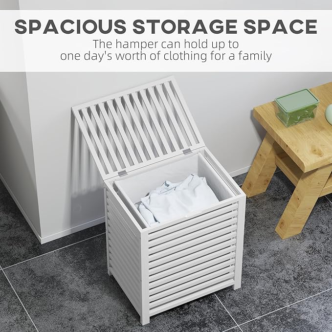 HOMCOM Bamboo Laundry Hamper with Lid, Laundry Basket with Removable Liner Bag, Dirty Clothes Hamper, 19.75 x 14.25 x 23.5 Inches, White