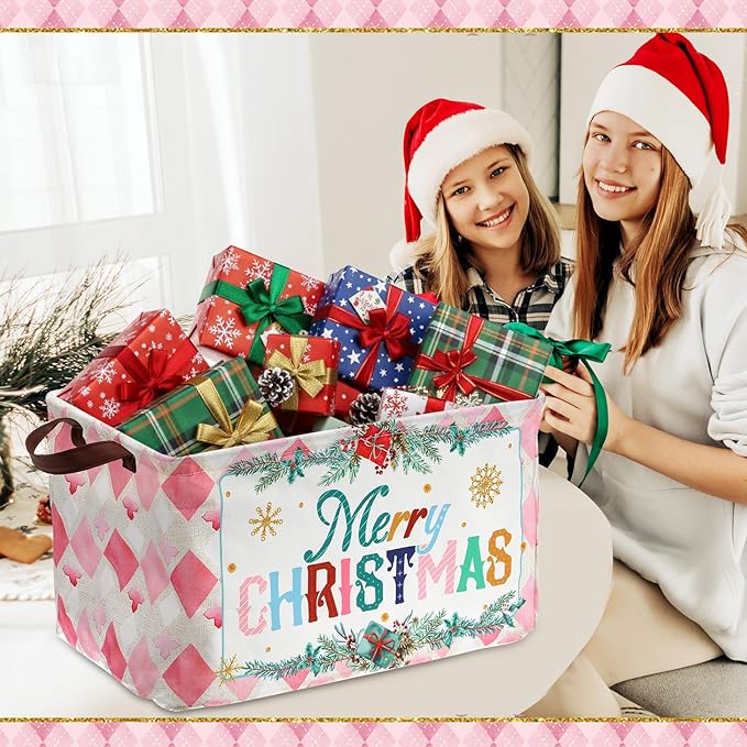 Vesici 6 Pack Pink Nutcracker Christmas Basket for Gifts Empty Christmas Tree Storage Bins Foldable Xmas Gift Basket Rectangle Soldier Ballet Girl Clothes Storage Boxes Organizer with Handle for Home