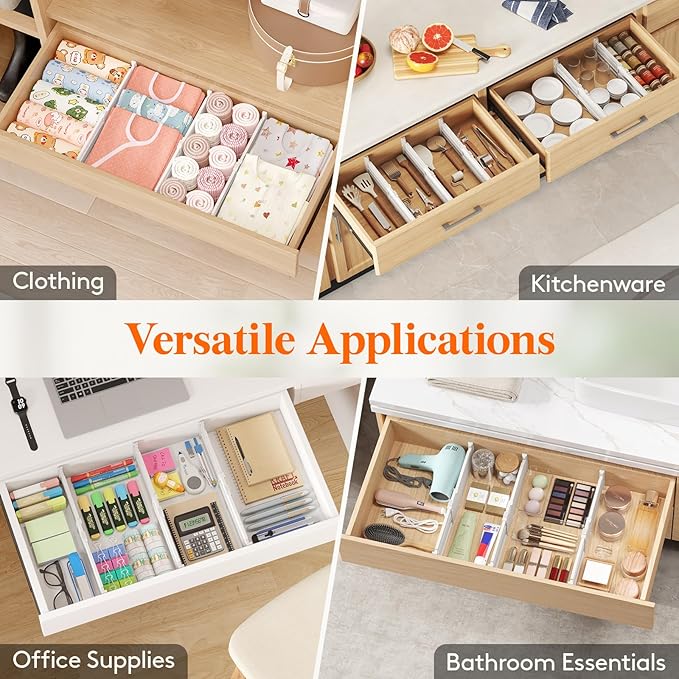 Lifewit 4" Tall 12 Pack Drawer Dividers, 27-42cm/10.5-16.5" Expandable Drawer Divider for Clothes, Adjustable Dresser Drawer Organizers, Drawers Separators for Dresser/Bathroom/Closet/Kitchen White