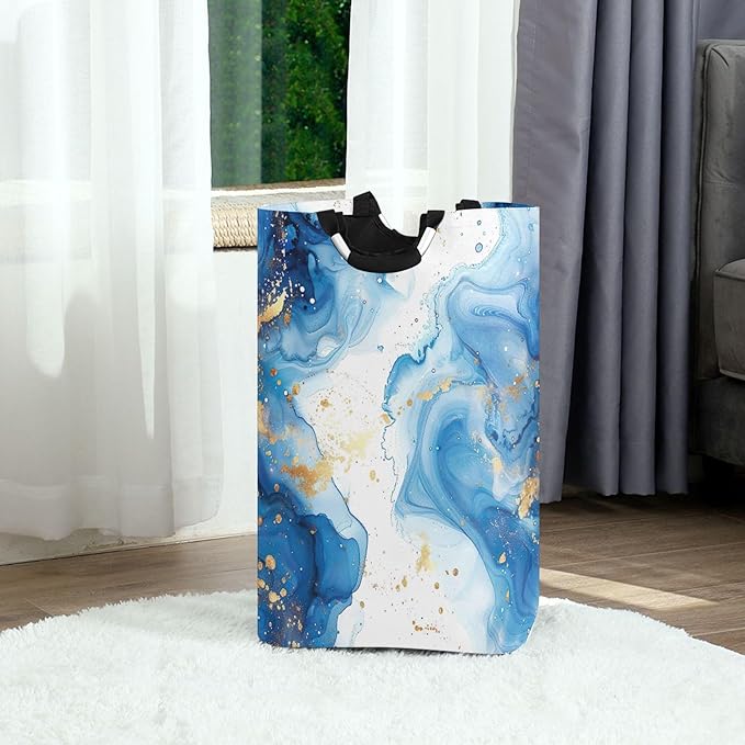 xigua Blue Marble Large Laundry Hamper with Handle, Foldable Clothes Hamper Collapsible Storage Basket for Toys and Clothes Organization in Bedroom, Bathroom, and Laundry Room