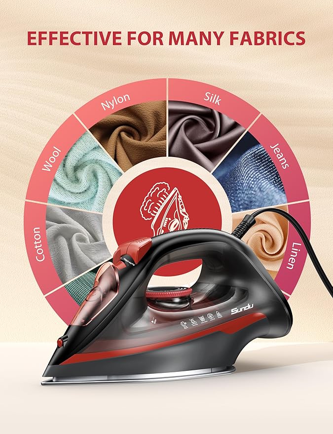 Sundu Steam Iron for Clothes with Rapid Heating Ceramic Coated Soleplate,1500W with Precise Thermostat Dial,Self-Cleaning, Auto-Off,11.84oz Water Tank for Home Clothes Ironing Use,Red
