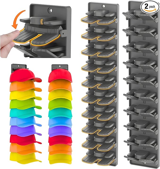 Hat Organizer for Baseball Caps 2 Packs with Built-in Spring Clips - Wall Mount Closet Hat Rack Holder,Storage for Door/Closet Display Hat Racks Hanger (Strong Adhesive & Screws) Matte Black.