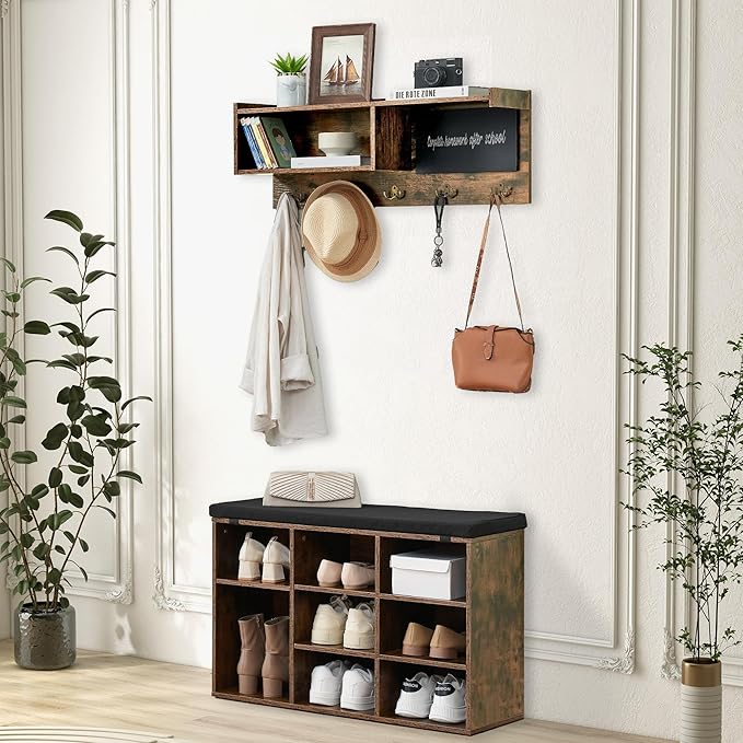 Entryway Shoe Bench with Coat Rack, Cushioned Storage Seat with Cubbies, Shoe Rack Bench for Front Door Entrance, Hall Tree with Hooks, Blackboard & Extra Storage for Entryway, Hallway & Living Room