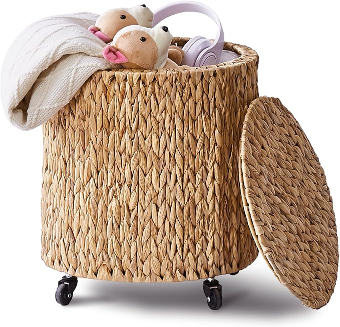Wimarsbon Vintage Storage Basket, Multipurpose Rolling Hamper With Brakable Wheels and Lid, Braid Laundry Bin, Handwave Clothes Toy Organizer Tote for Living Room