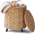 Wimarsbon Vintage Storage Basket, Multipurpose Rolling Hamper With Brakable Wheels and Lid, Braid Laundry Bin, Handwave Clothes Toy Organizer Tote for Living Room