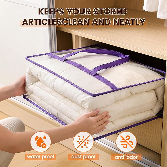 8 Pack Clear Clothes Storage Bags, Double Zipper Design 40L Underbed Moving Bags for Blankets and Clothes, Large Capacity Closet Organizers and Storage for Dormitory, Bedroom, Closet-Purple