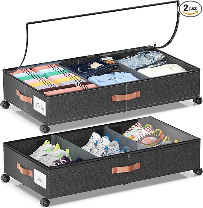 Under Bed Storage with Wheels, 2 Pack Under Bed Storage Containers with Dividers & Clear Lids, Under the bed storage Organizer Bins,Underbed Storage with Wheels for Clothes,Toys,Shoes (Black, 2 Pack)
