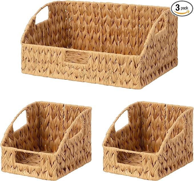 GRANNY SAYS Wicker Storage Basket for Shelves, Wicker Basket with Handles, Trapezoid Woven Baskets for Storage, Decorative Baskets for Home Decor, Natural, 3 Pack