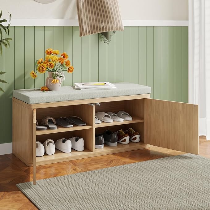 Double Layered Shoe Cabinet with Bench,Wooden Shoe Bench with Soft Cushion,Double Door without Handle Pressing Spring,Fluted Panel,Suitable for Entrance,Corridor and Living Room (Shoe Bench-Light Oak)