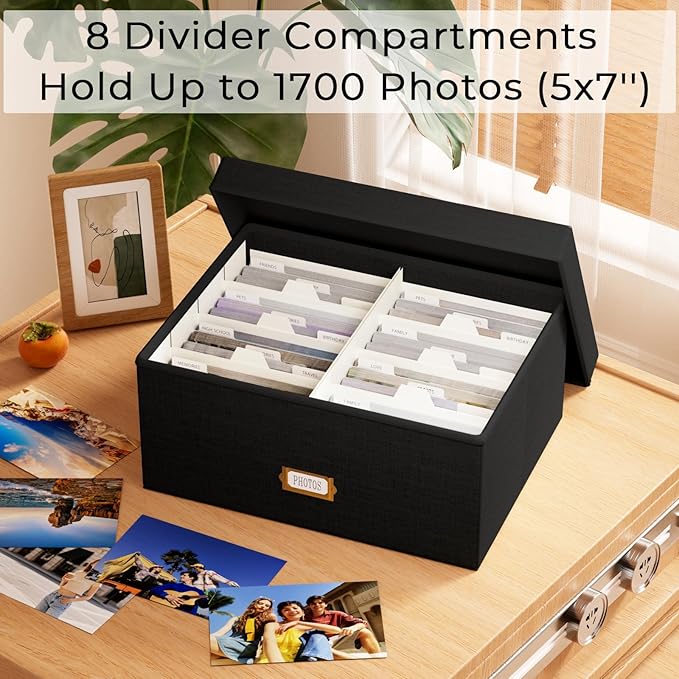 Decorative Photo Storage Box - Linen Photo Box Organizer with Dividers, Fits Holds Up to 1700 Pictures and 5x7 Photos, Memory Keepsake Organizer for Photos, Scrapbook Supplies, Cards, Stamps (Black)