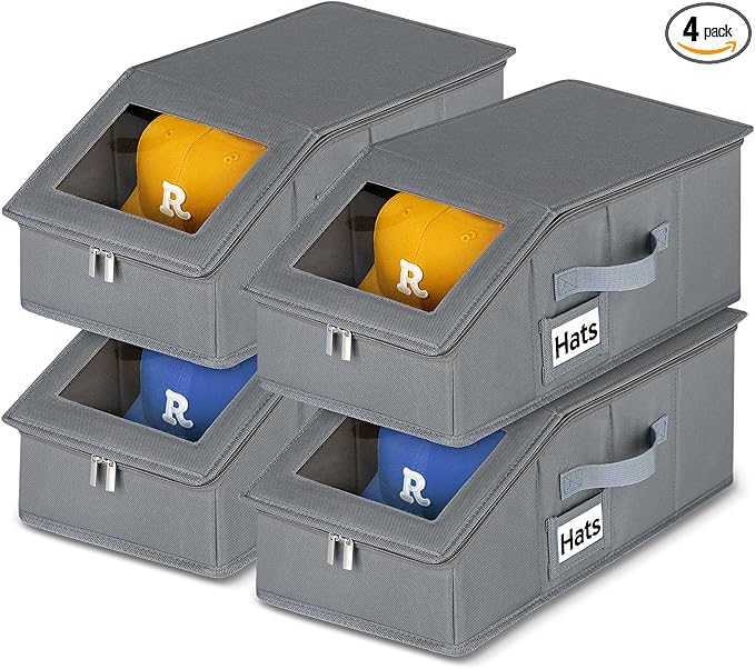 Dofilachy 4 Pack Stackable Hat Storage for Baseball Caps, Holds 56 Caps - Closet Organizer Box with Clear Window & Cardboard，Sturdy Snapback Hat Boxes for Home Storage (grey, 4)