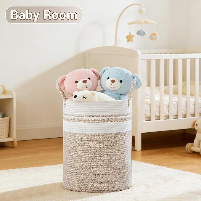 Tall Laundry Basket with Handles, 100L Portable Dirty Clothes Hamper, Boho Cotton Rope Storage Bin for Blankets Kids Toys Gifts, Extra Large Organizer for Nursery Bedroom Bathroom, New Brown