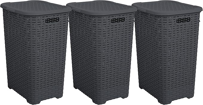 Plastic Laundry Hamper with Lid 3 Pack Laundry Hamper Basket, Grey Tall Cloths Hamper Organizer with Cut-out Handles. Space Saving for Laundry Room Bedroom Bathroom, Wicker Design 60 Liter