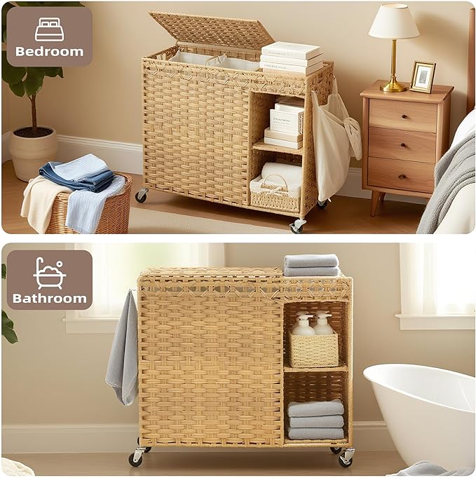 Laundry Hamper with Lid, 160L Rattan Wicker Laundry Basket with Wheels, Handwoven Laundry Hamper 2-Section with Storage shelf(42.3 Gal), Laundry Sorter Basket with Removable Liner, Natural HLH032N