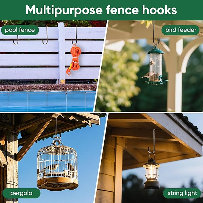 6 Pack 2 x 6 inch Fence Hooks Patio Hooks Brown Powder Coated Steel Hangers fits Easily for Vinyl Fences Indoor & Outdoor Hanging Lights, Plants & Planters, Bird Feeder, Pool Equipment