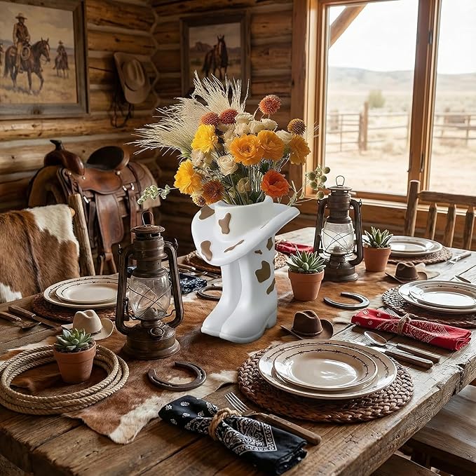 Brown Cowgirl Boot Vase Centerpiece Boot Shape Boxes Decorations West Cowgirl Home Decor Western Country Accent Vase Hat Planter for Modern Aesthetic Room Wedding Decor
