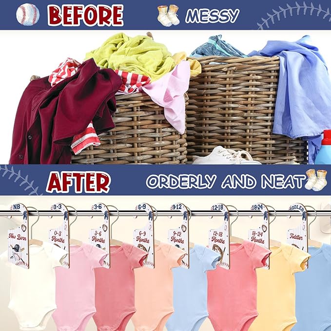 Baby Closet Dividers 8PCS, Baseball Theme Wooden Double-Sided Clothes Size Hanger Organizer from Newborn to Toddler for Nursery Decor Baby Shower Birthday Gift (Includes Gift Box)