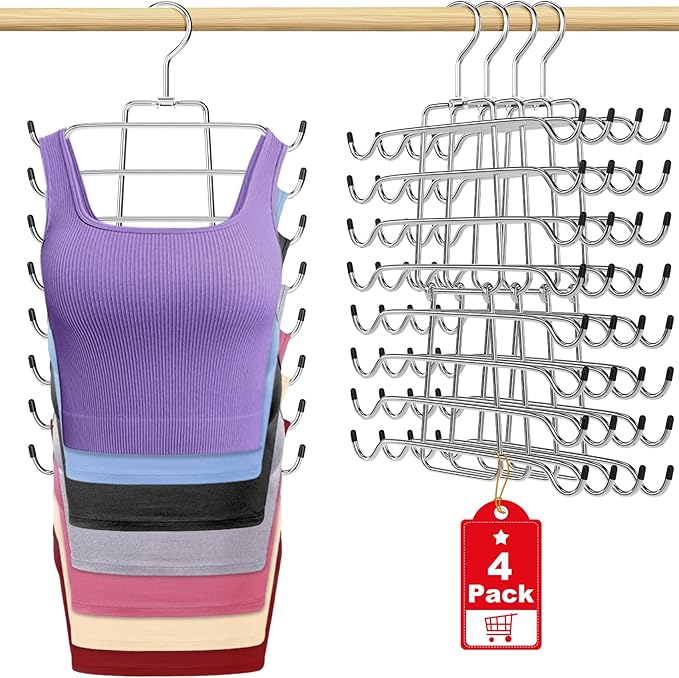 4Pcs Tank Top Hangers Space Saving Hanger Organizer Bra Hangers for Closet Organizer 360° Rotating Metal Closet Organizers and Storage Lingerie for Cami Bras Belts Swimsuits Lingeries Silver