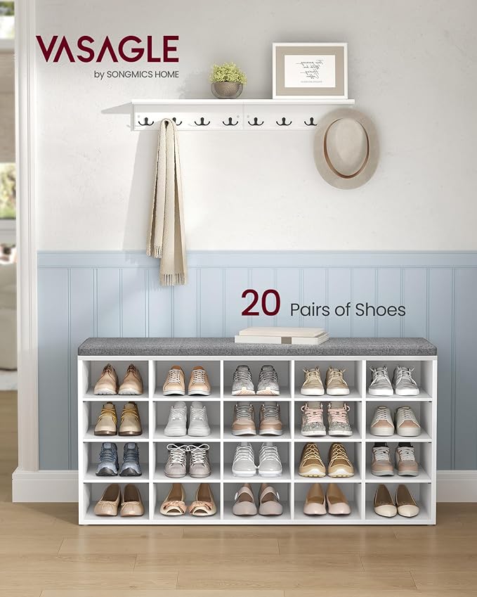 VASAGLE Custos Collection - Shoe Bench, Storage Bench with Padded Seat, Entryway Bench with 20 Compartments, for Bedroom, 12 x 47.2 x 24.7 Inches, Cloud White and Dove Gray
