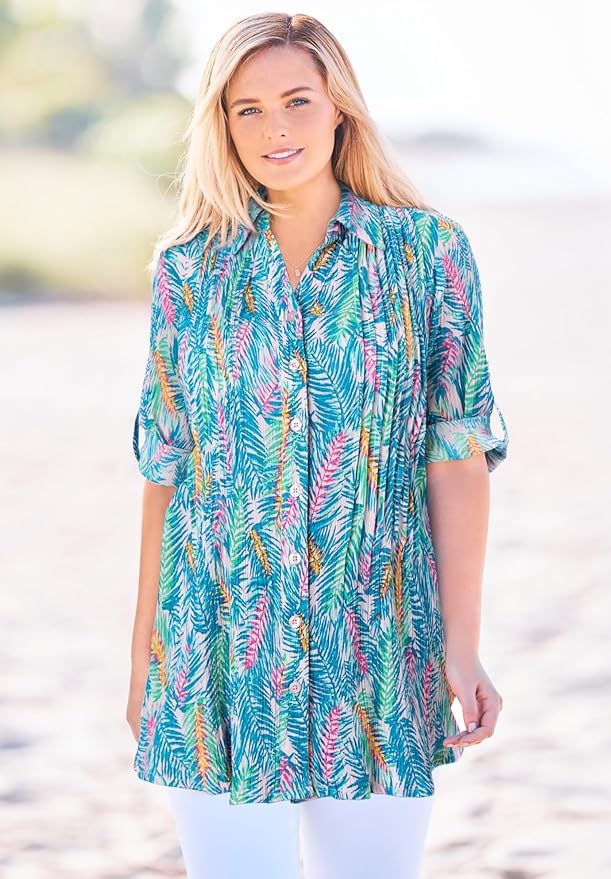 Woman Within Plus Size Pintucked Button Down Gauze Shirt