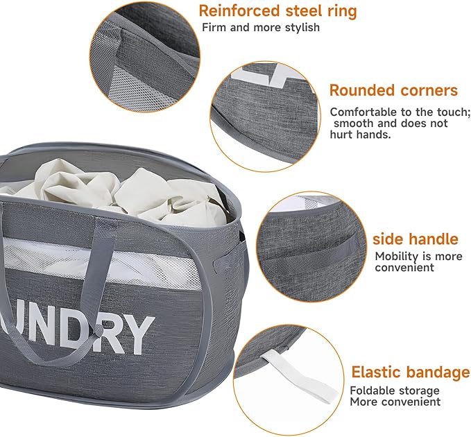 Foldable Laundry Basket with Lid, Oxford Cloth Reinforced Steel Ring Collapsible laundry hamper, 70L Breathable Mesh Dirty clothes hamper with Dual Handles for Home, Dorm, Apartment