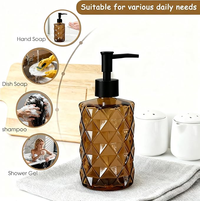 Brown Soap Dispenser, 12oz Black Pump Green Glass Soap Dispenser, Refillable Hand Liquid Dispenser Set, Lotion Dish Dispenser for Modern Home Decor, Bathroom, Kitchen Countertop(2 Pack)