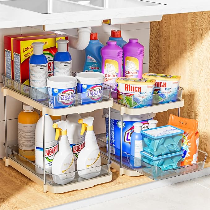 Delamu 2-Tier Multi-Purpose Bathroom Under Sink Organizers and Storage, Stackable Kitchen Pantry Organization, Pull Out Medicine Cabinet Organizer with Movable Dividers, Beige, 4 Pack