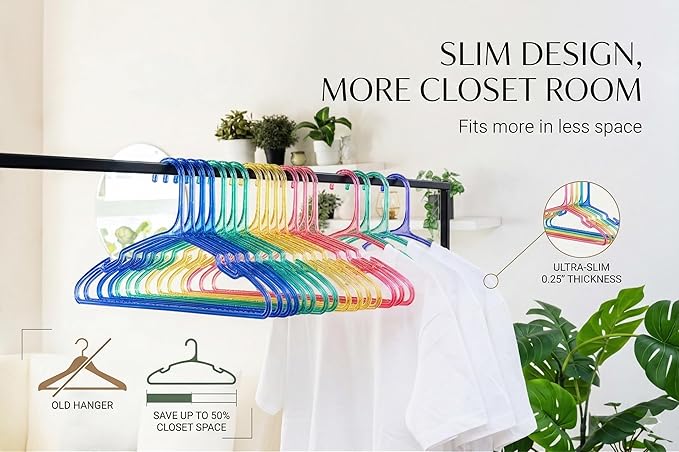 SCANDINOVIA Unbreakable Plastic Hangers, 24-Pack, Slim Space-Saving I-Beam Closet Hangers, Heavy Duty Adult Clothes Hangers with Shoulder Notches, Assorted Colors for Coats, Shirts & Everyday Use