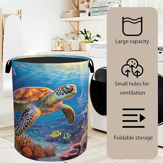 Sea Turtle Large Clothes Hamper Bag - Laundry Basket with Handles, Space Saving Foldable Design for Nursery