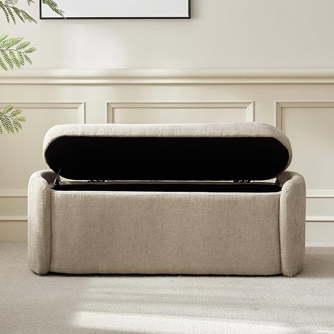 VKNOW Oval Storage Ottoman Bench, 46" Upholstered End of Bed Bench Ottomans Bench Foot Rest, Sherpa Storage Bench for Bedroom, Living Room and Hallway, Light Brown