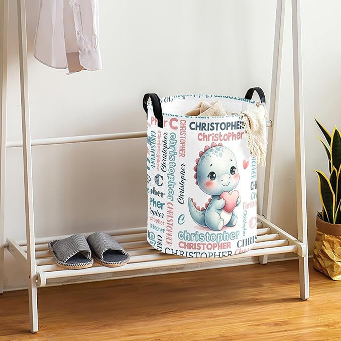 Large Custom Name Laundry Hamper, Dinosaur Personalized Dirty Clothes Hamper Storage Basket with Name for Bathroom Bedrooms, Customized Name Circular Hamper with Handles for Baby Boys Girls Men Women
