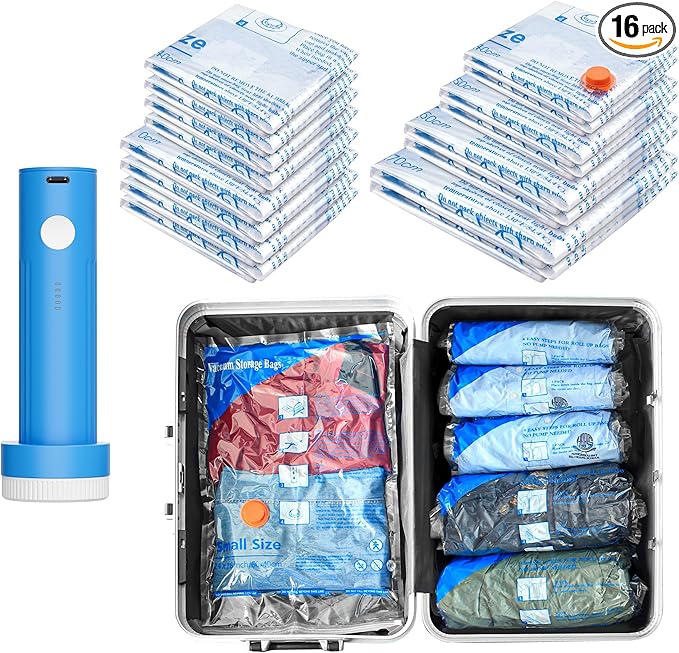 MEIQIHOME Vacuum Storage Bags, Space Saver Sealer Bags,Vacuum seal bags for clothing, Pillows, Comforters, Blankets, Bedding,16 Pack Vacuum Storage Bags with Electric Pump